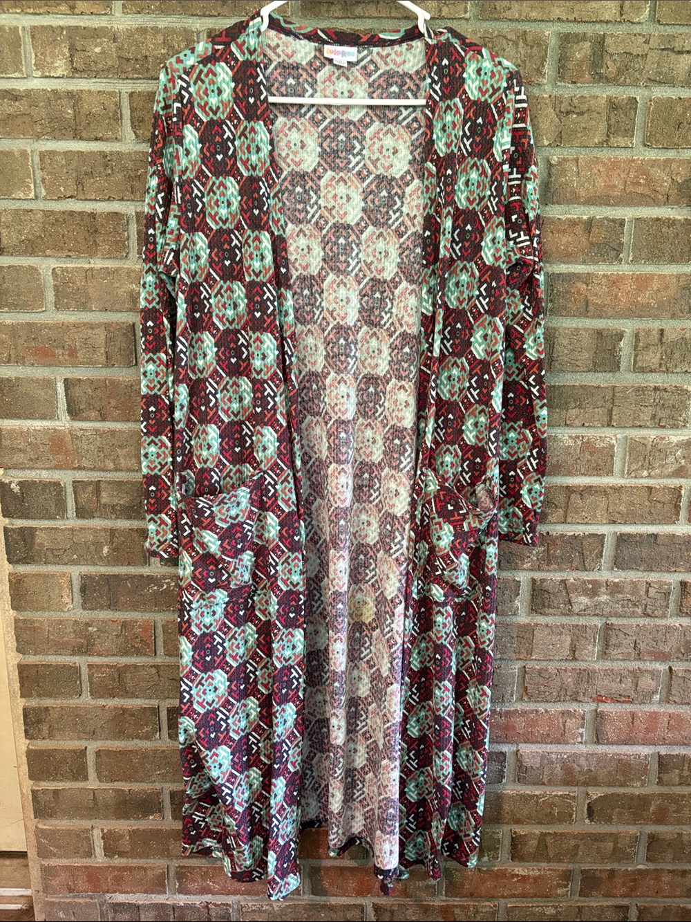 LuLaRoe Burgundy & Mint Geometric Maxi Cardigan with Pockets
